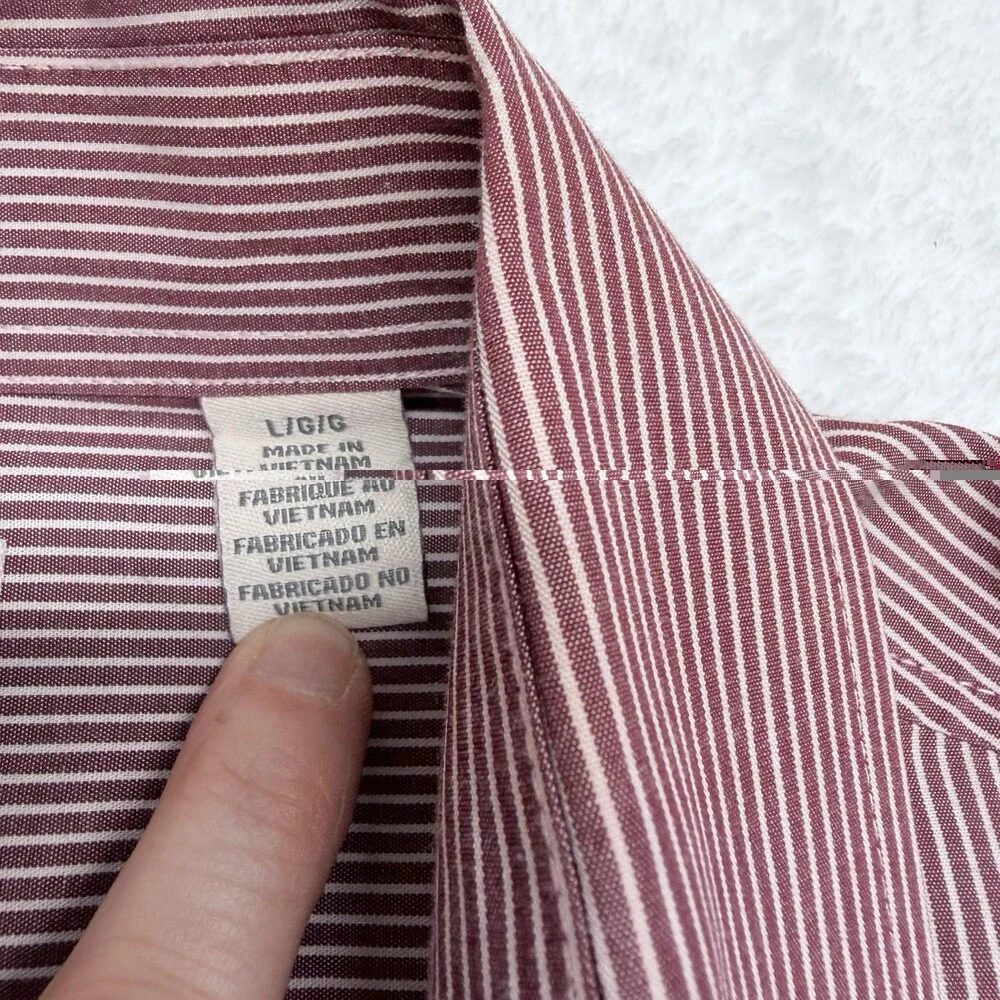 Men’s Dockers Button Dow Shirt, Burgundy And White Pinstripe, Size Large